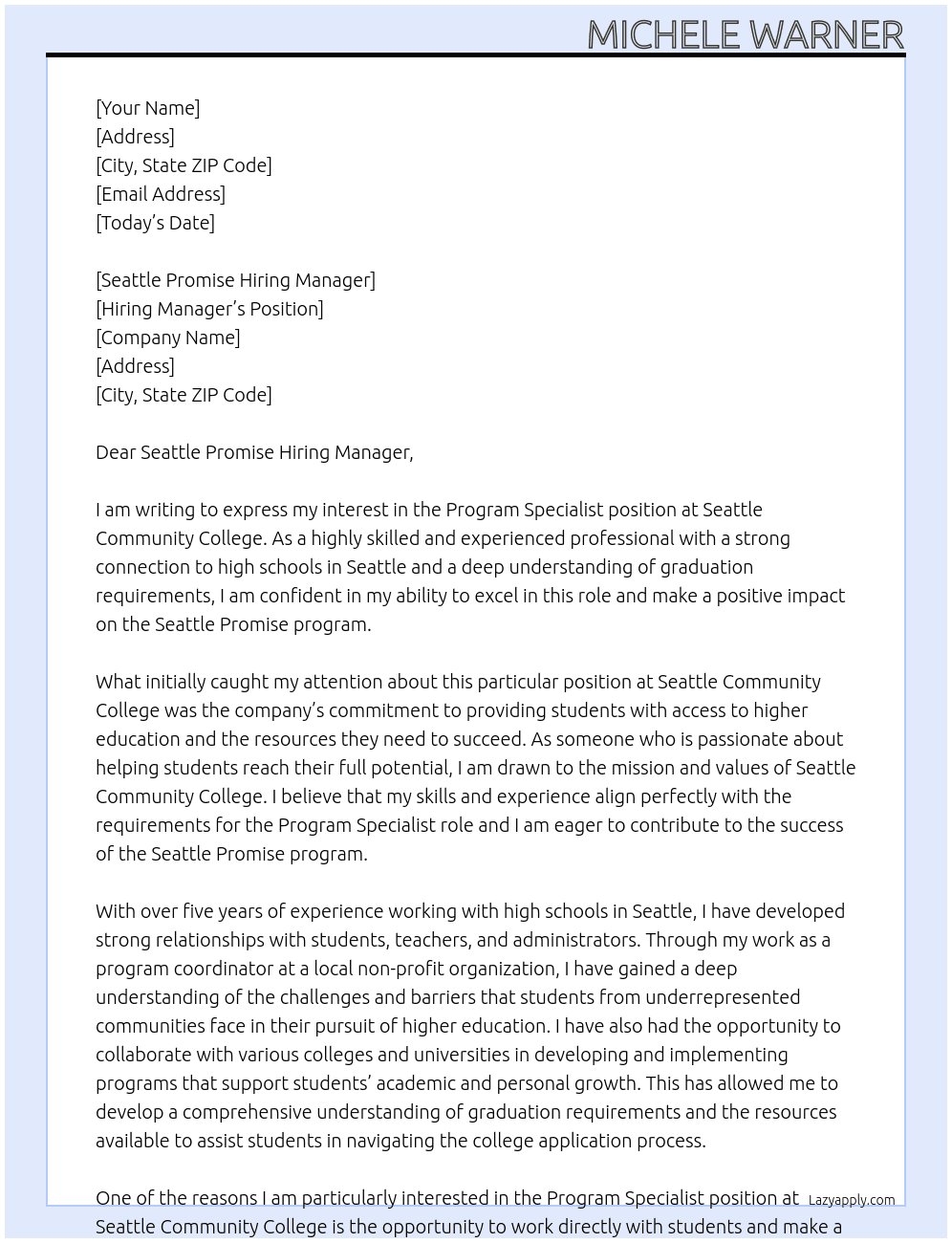 Program Specialist  At Seattle Community College Cover Letter