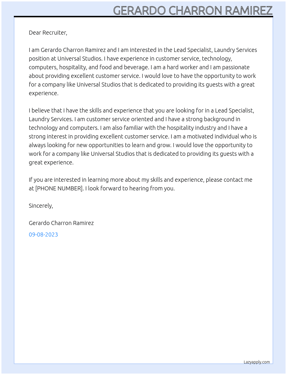Lead Specialist, Laundry Services At Universal Studios Cover Letter