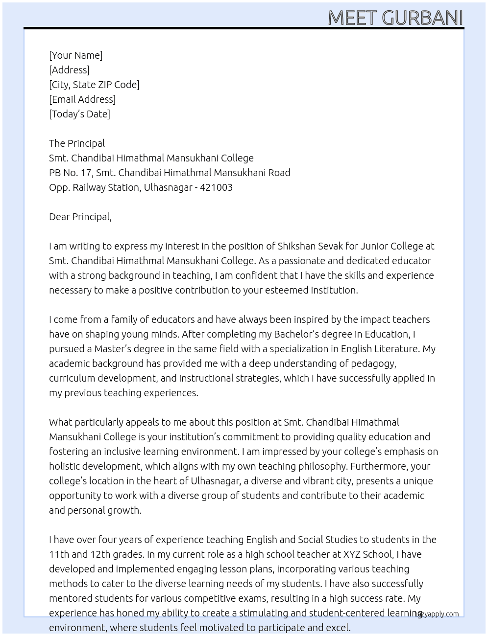 Shikshan Sevak for Junior College At Smt. Chandibai Himathmal Mansukhani College Cover Letter