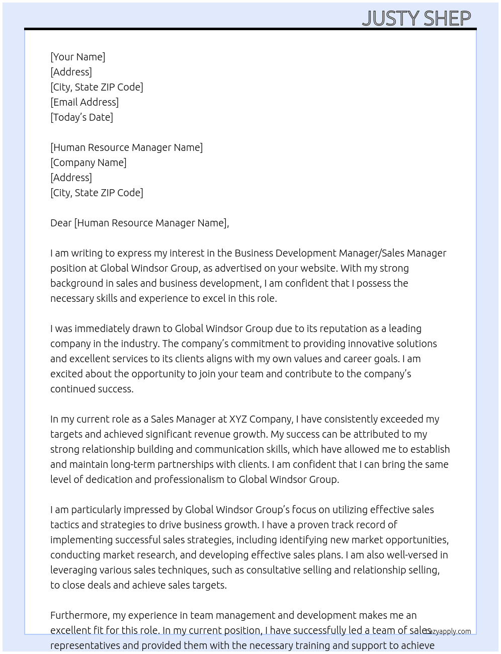 Business Development Manager/Sales Manager At Global Windsor Group Cover Letter