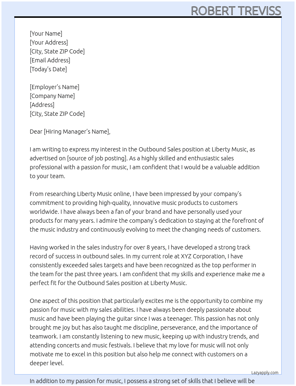 Outbound Sales At Liberty Music Cover Letter