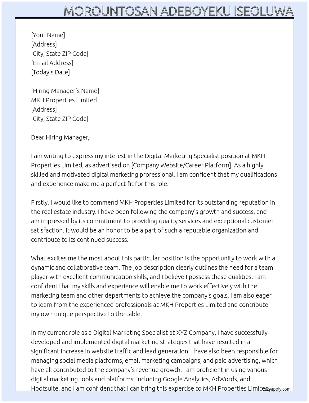 Digital Marketing Specialist At MKH Properties Limited Cover Letter