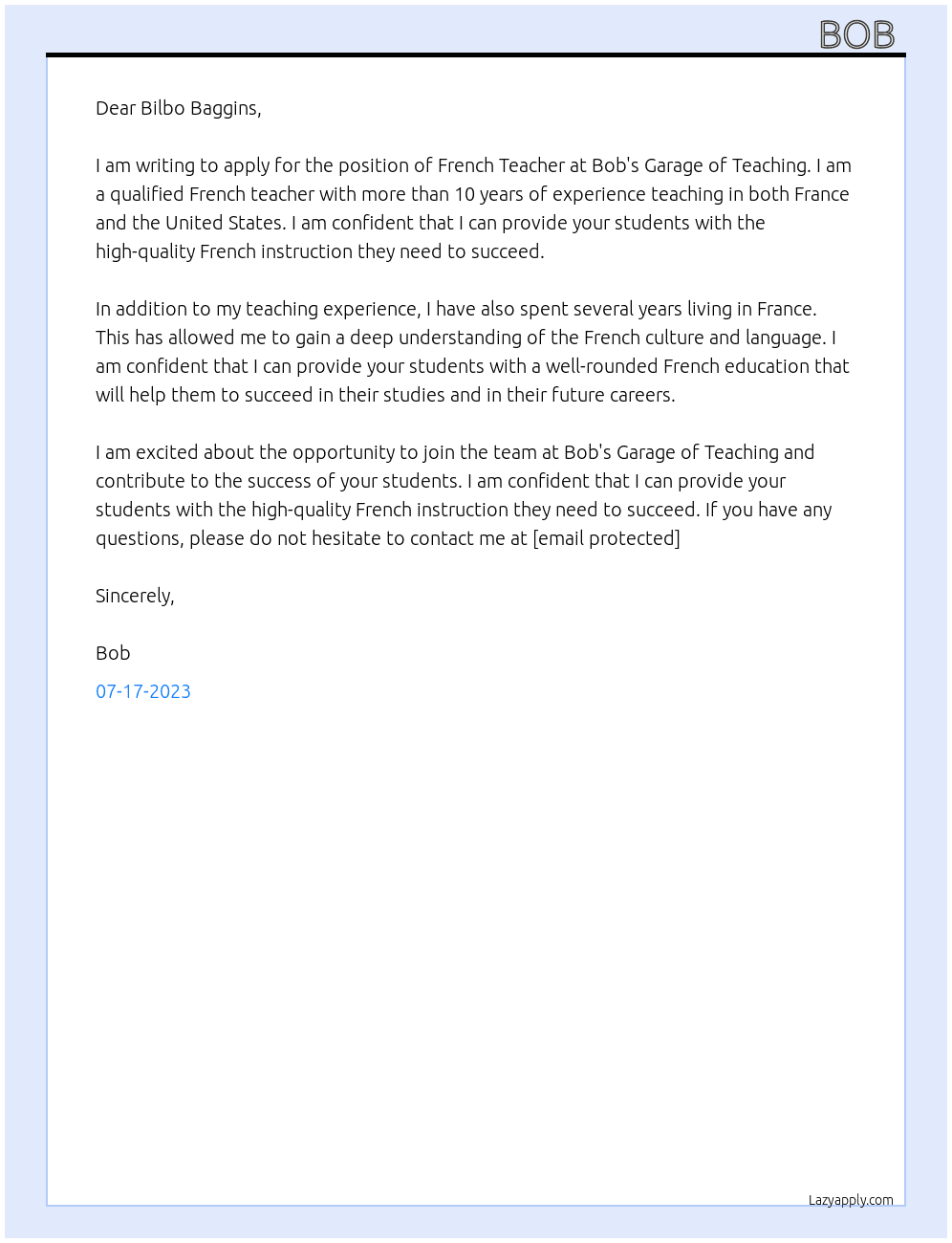 French Teacher At Bob's Garage of Teaching Cover Letter
