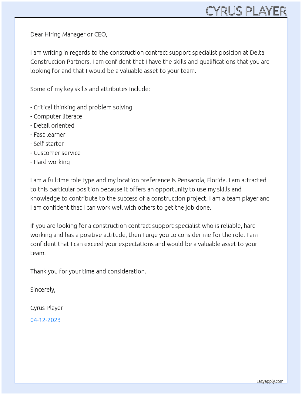 Construction contract support specialists  At Delta construction partners Cover Letter