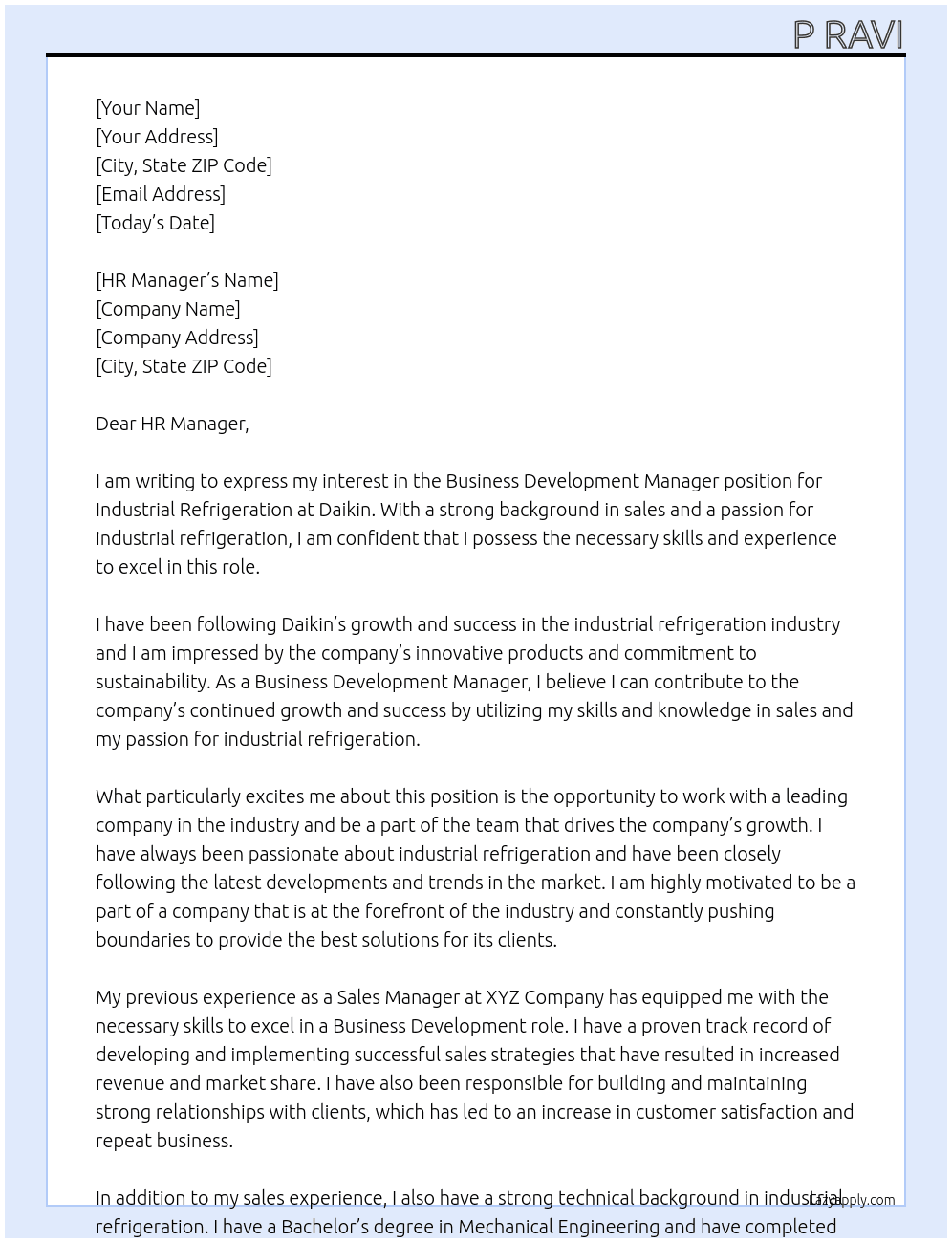 Business Development Manager - Industrial Refrigeration At Daikin Cover Letter