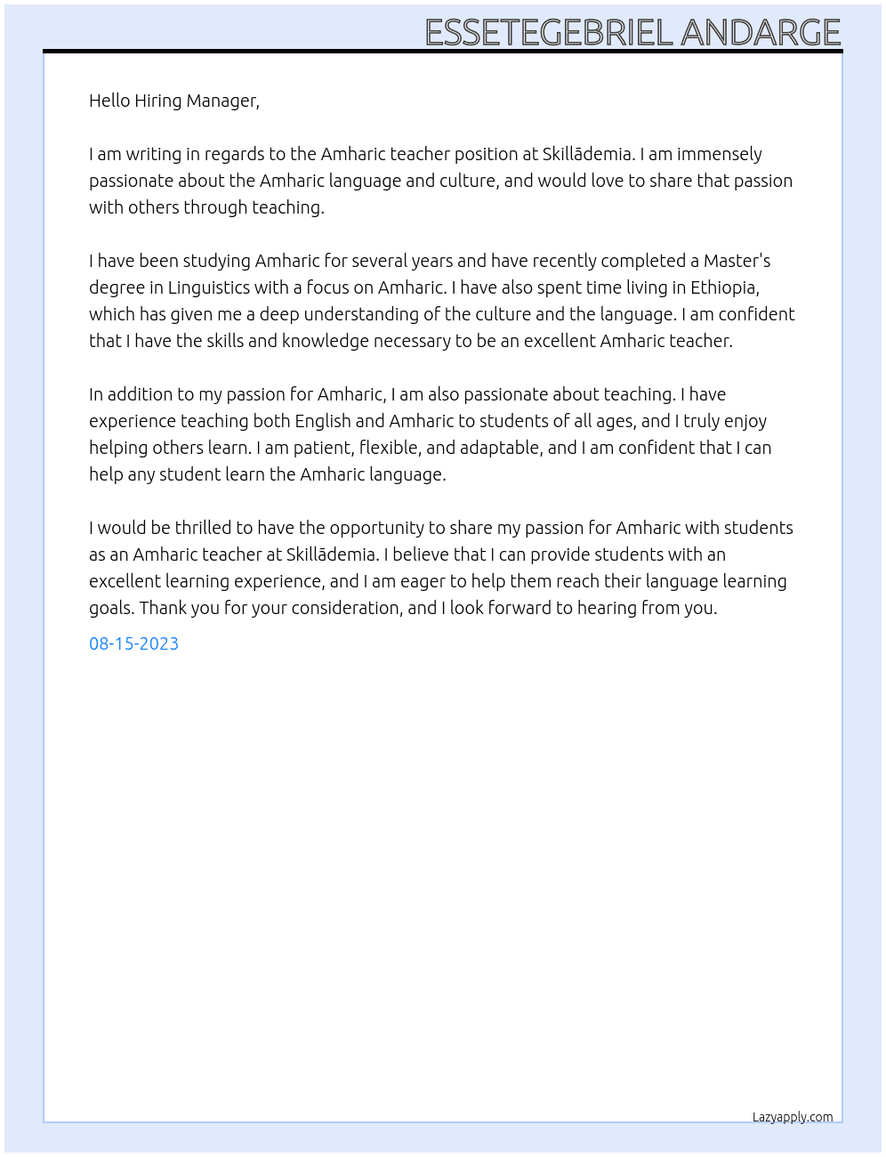 Amharic teacher At Skillādemia Cover Letter