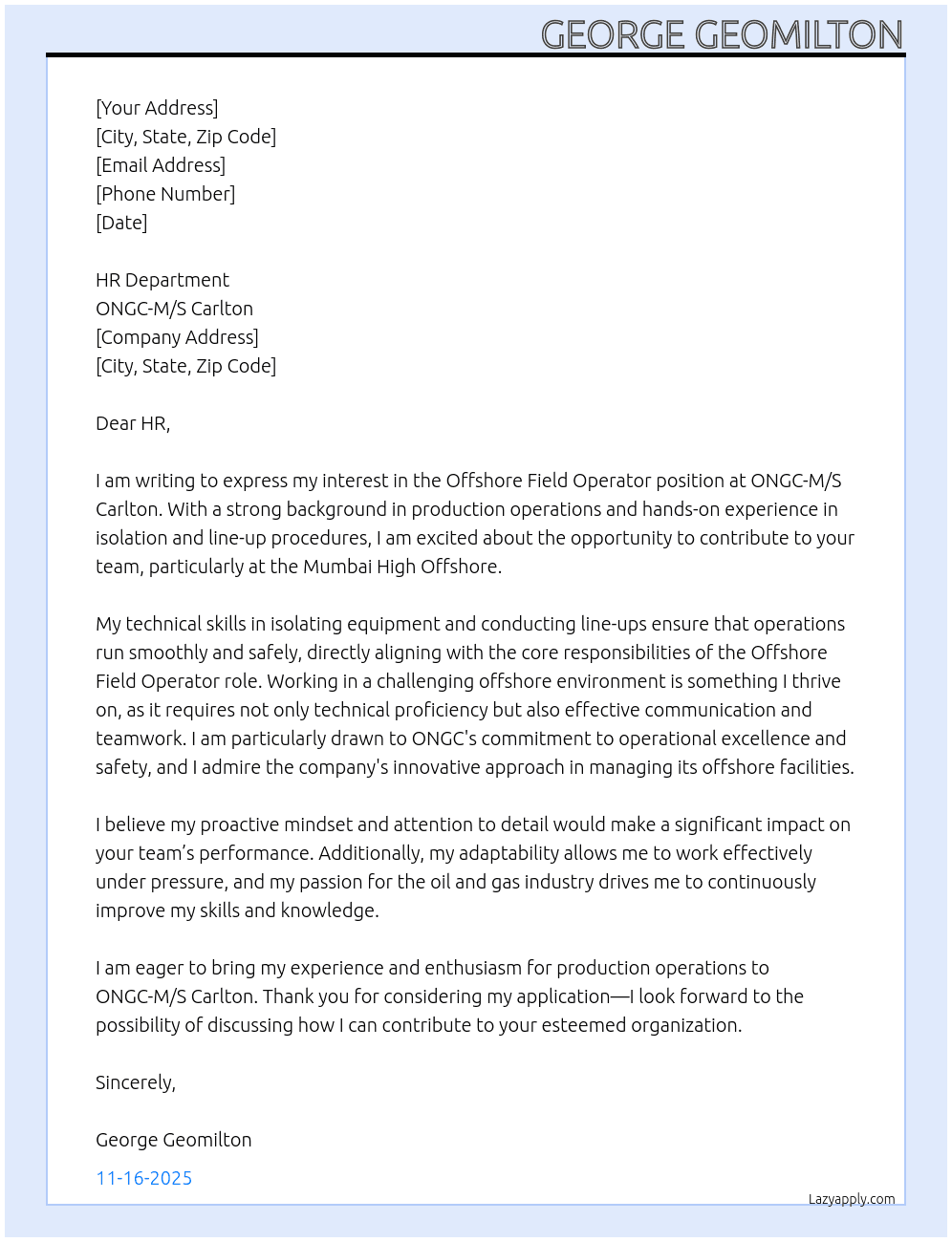 Cover letter for offshore field operator - LazyApply