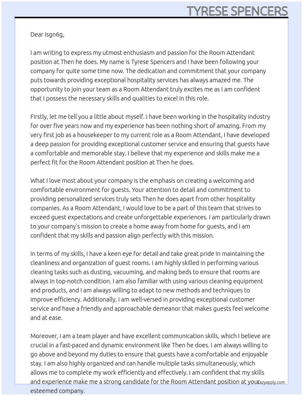 Room Attendant  At Then he does  Cover Letter