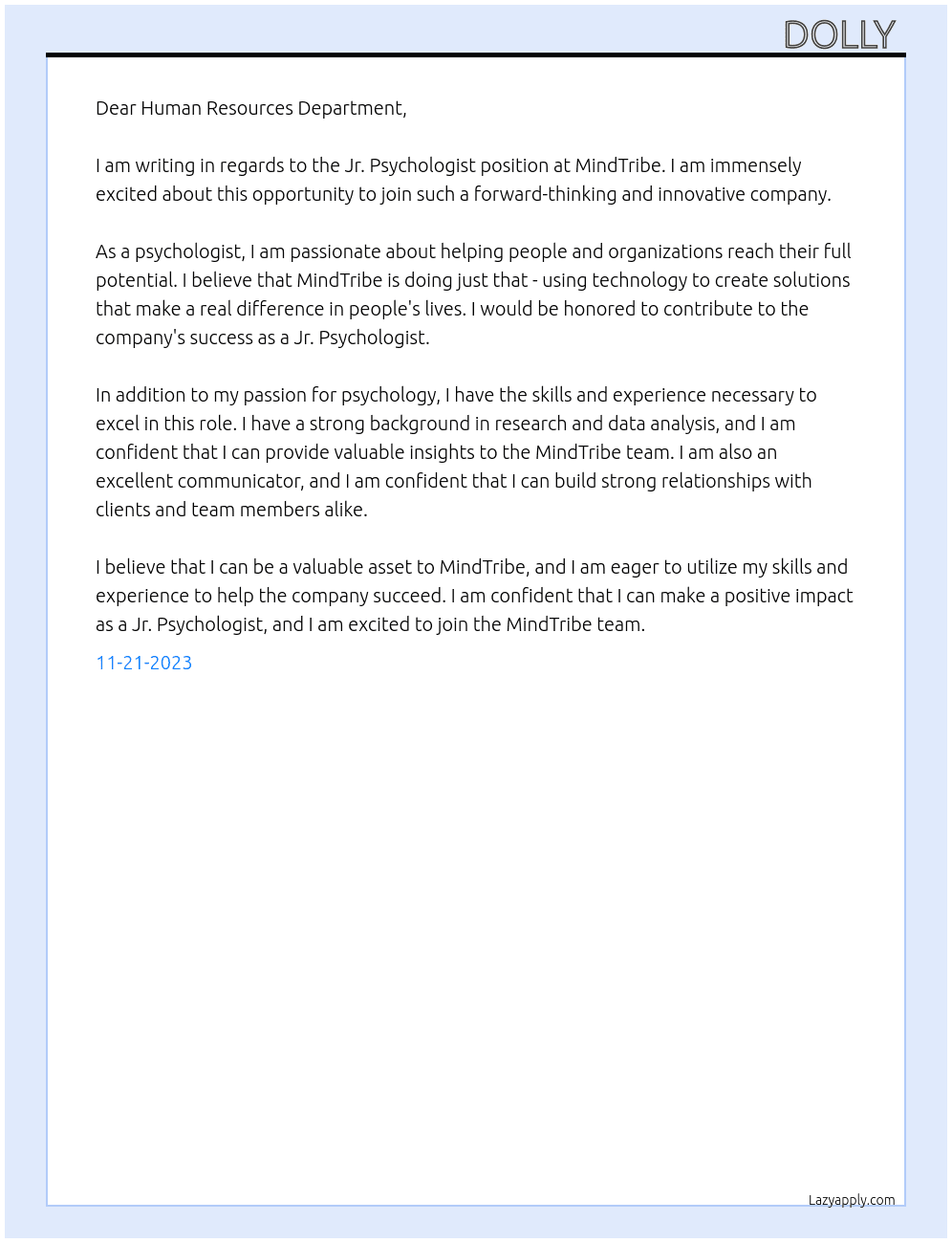 Jr. Psychologist  At MindTribe Cover Letter