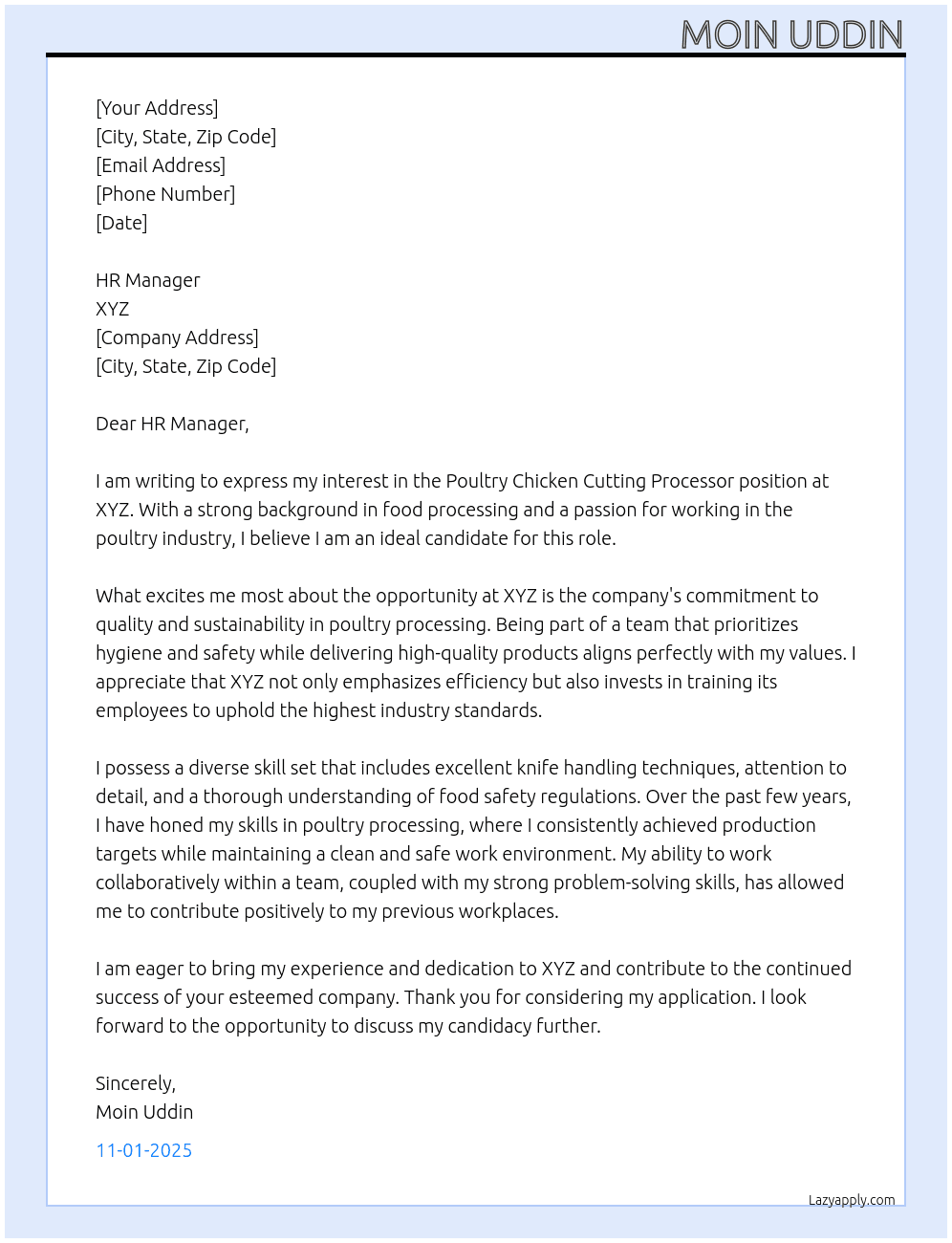 Poultry chicken cutting processor At Xyz Cover Letter
