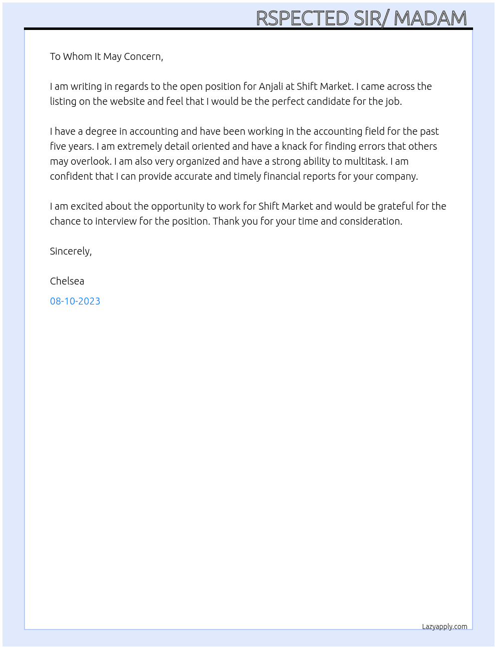 Anjali At Shift Market Cover Letter