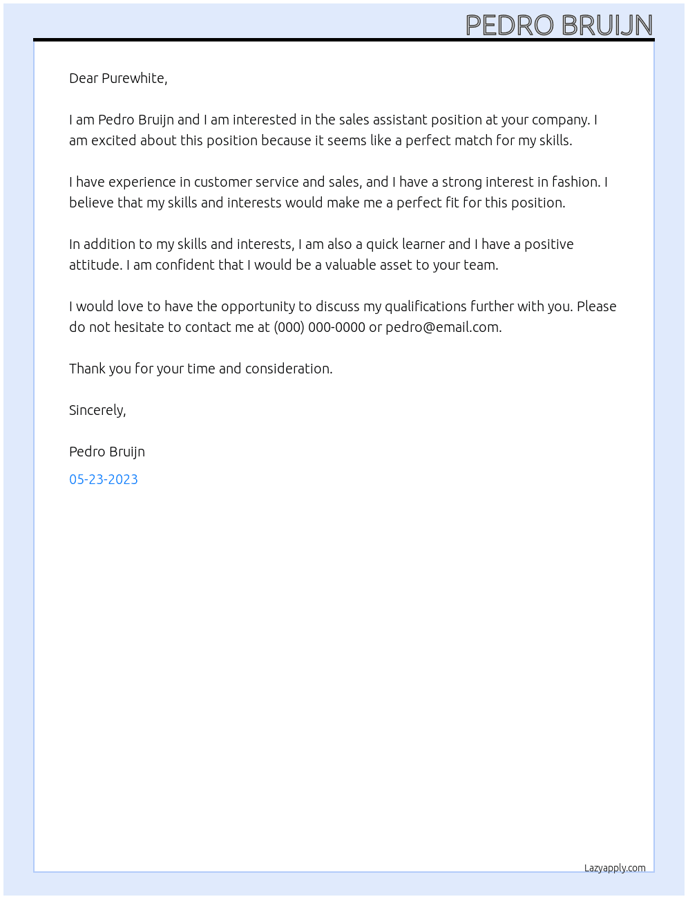 sales assistant At Purewhite Cover Letter