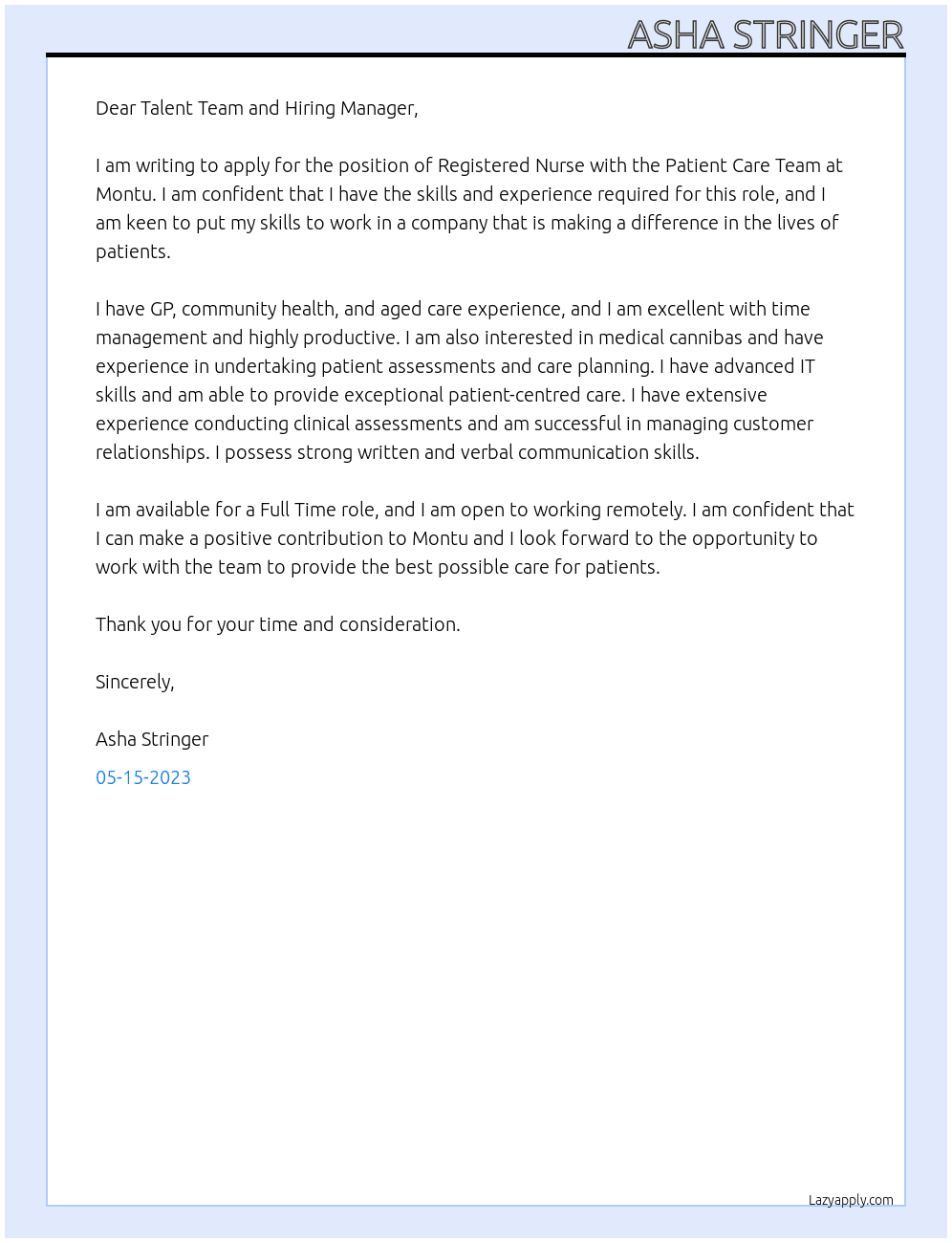 Registered Nurse with the Patient Care Team At Montu Cover Letter