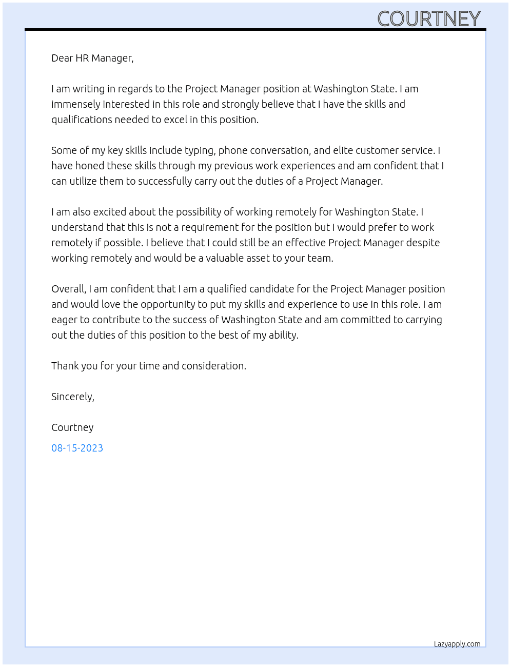 Project manager At Washington State Cover Letter