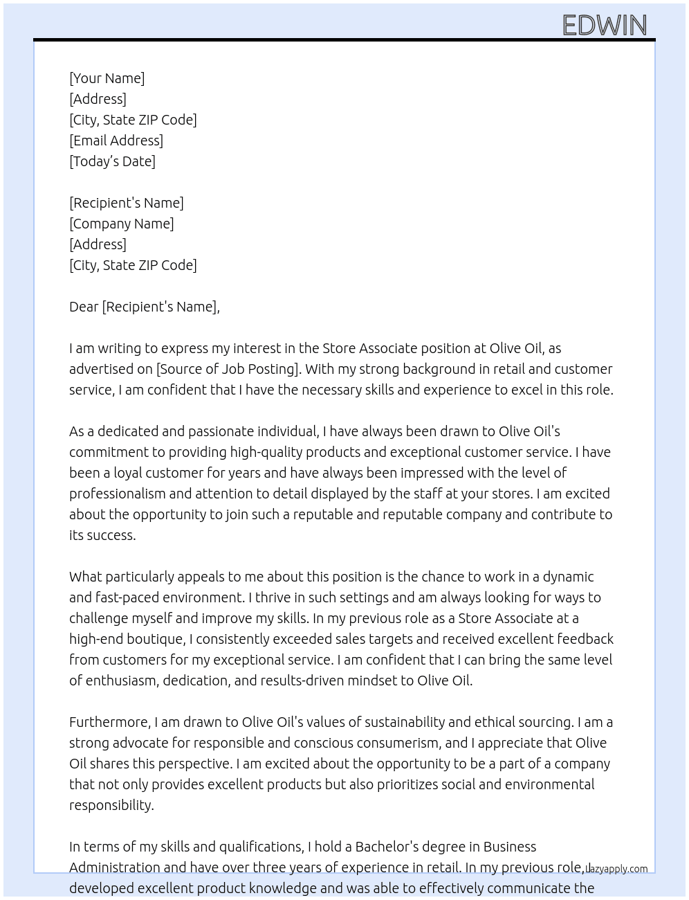 Store Associate At Olive Oil Cover Letter