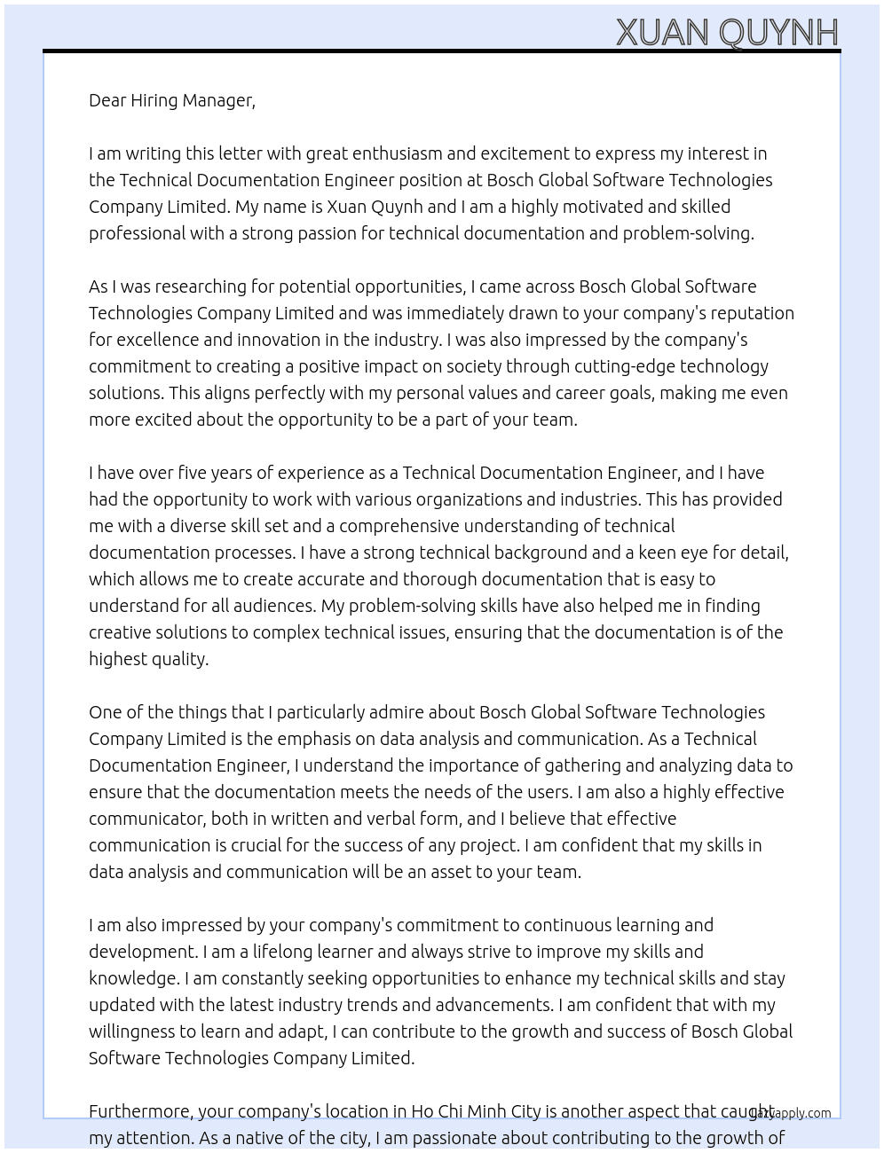 Technical Documentation Engineer At Bosch Global Software Technologies Company Limited Cover Letter