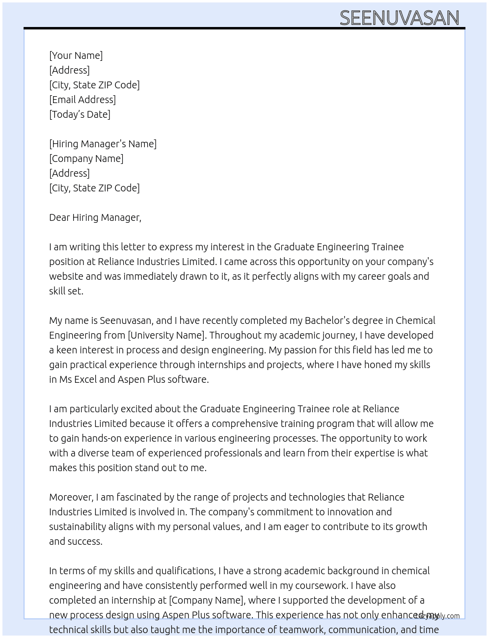 Graduate engineering trainee  At Reliance industries limited  Cover Letter