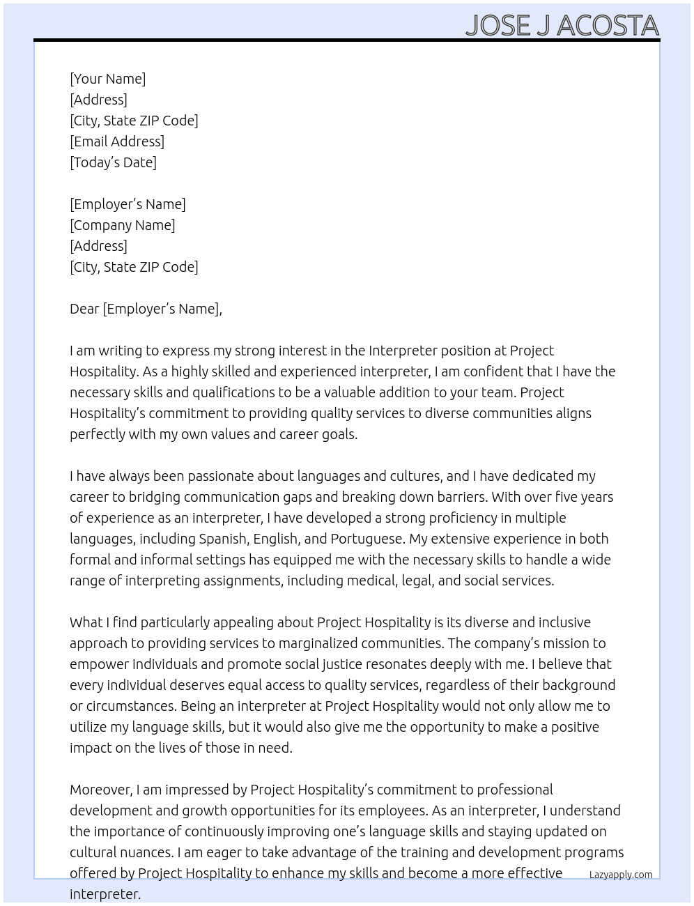 interpeter At Project Hospitality Cover Letter