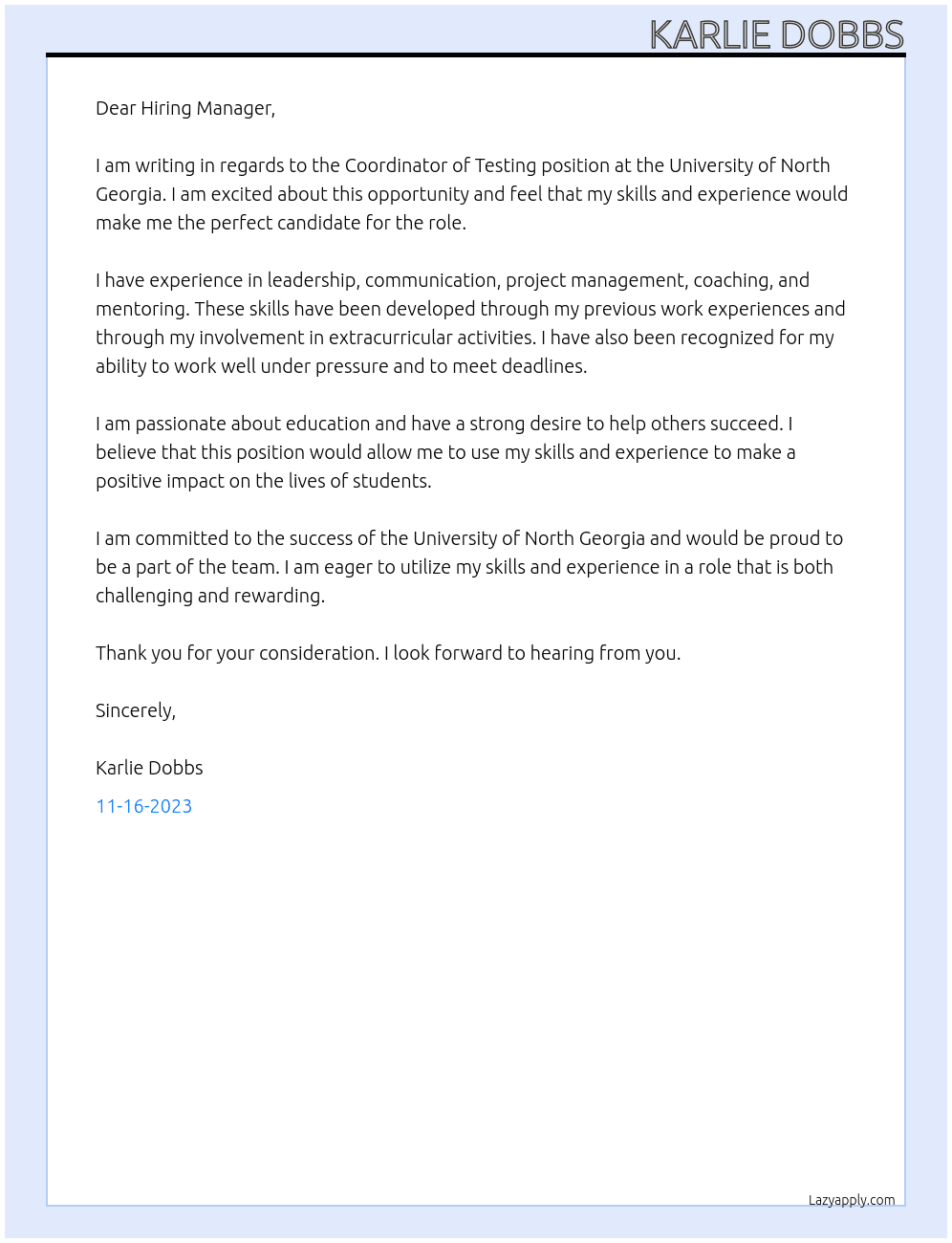 Coordinator of testing At University of North Georgia Cover Letter