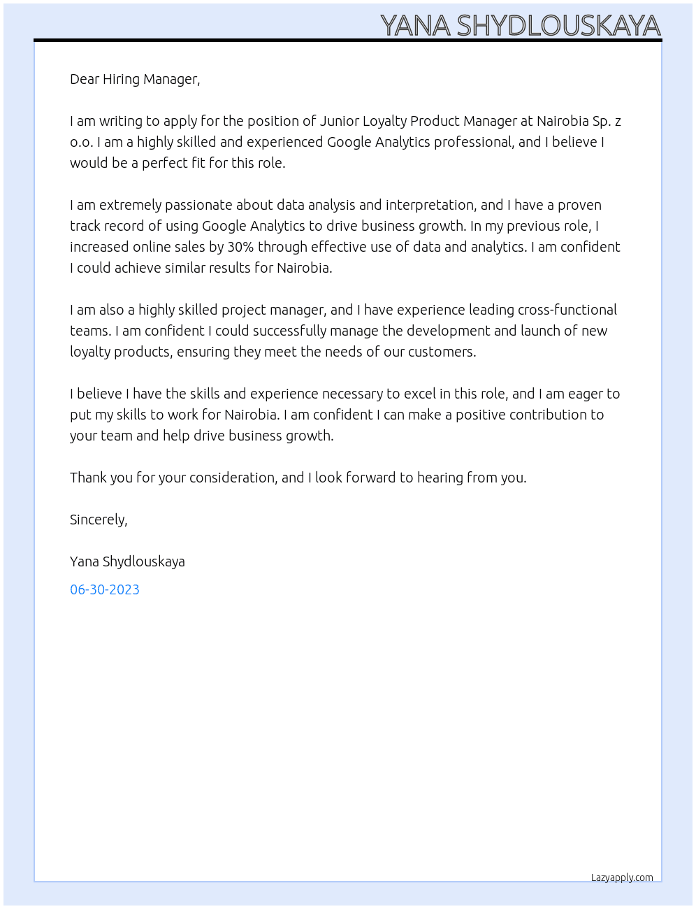 Junior Loyalty Product Manager At Nairobia Sp. z o.o. Cover Letter