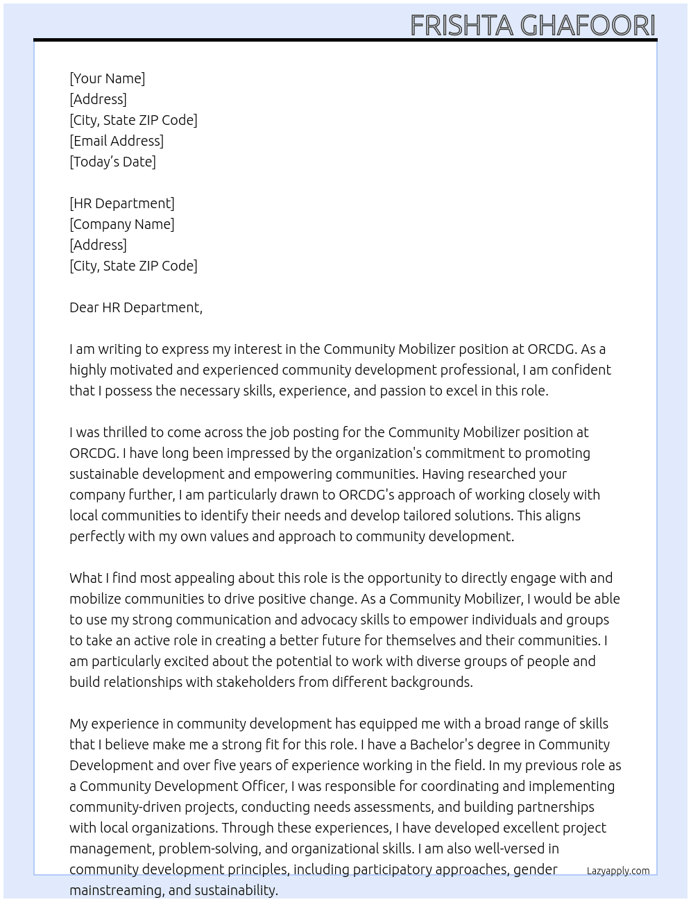Community Mobilizer At ORCDG Cover Letter
