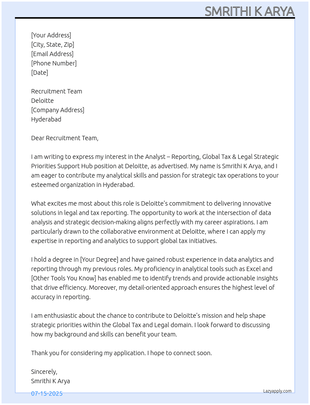 Cover letter for analyst – reporting, global tax & legal strategic priorities support hub - LazyApply
