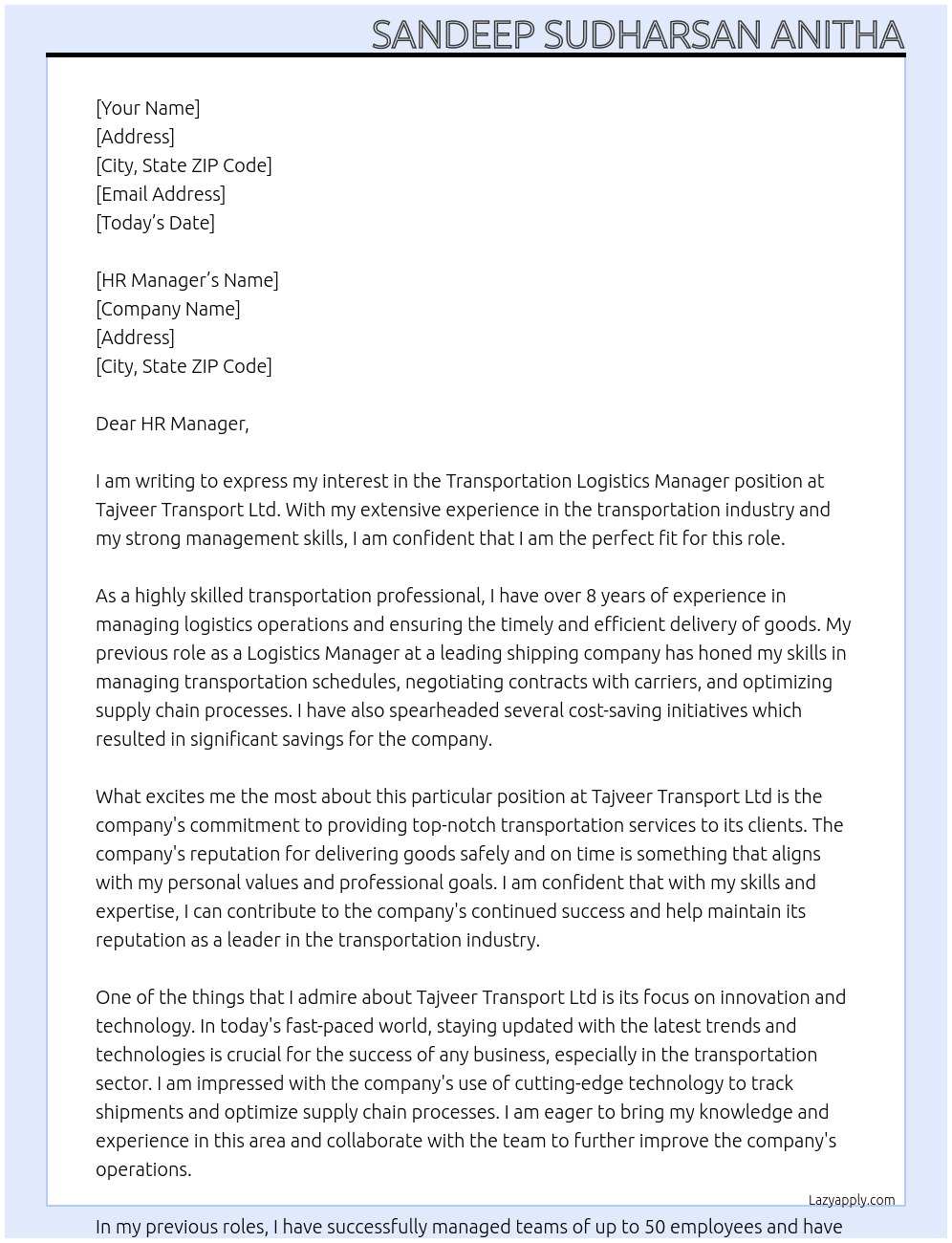 Transportation logistics manager  At Tajveer transport ltd Cover Letter
