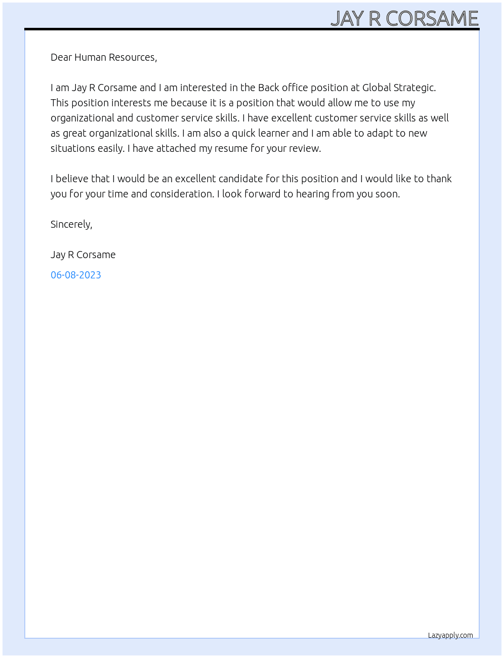 Back office At Global Strategic Cover Letter
