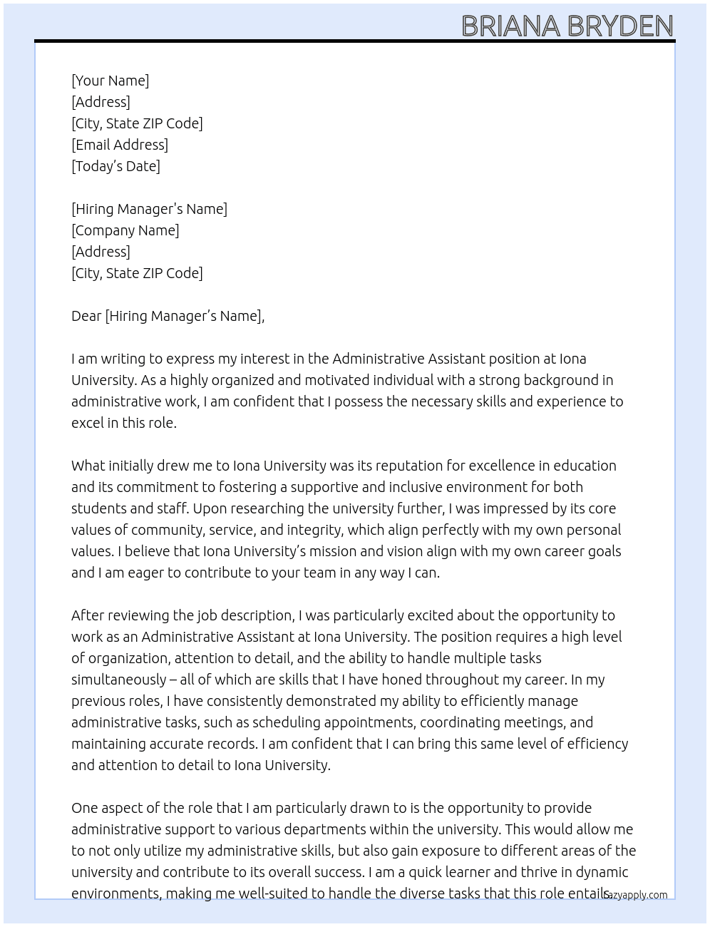 Administrative Assistant At iona university Cover Letter