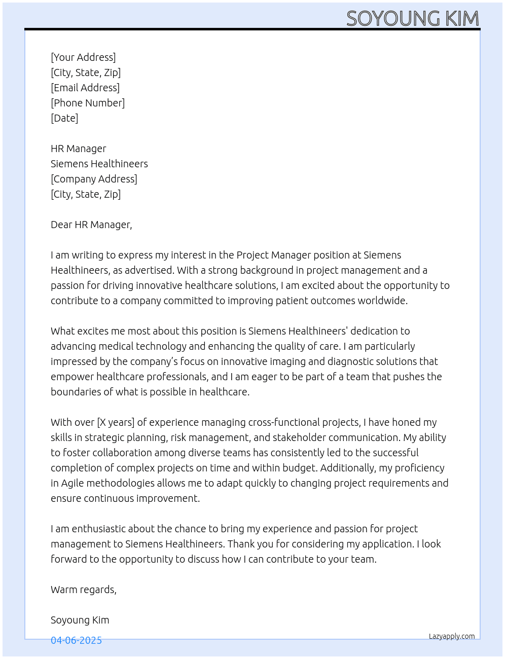 Project manager At Siemens Healthineers Cover Letter