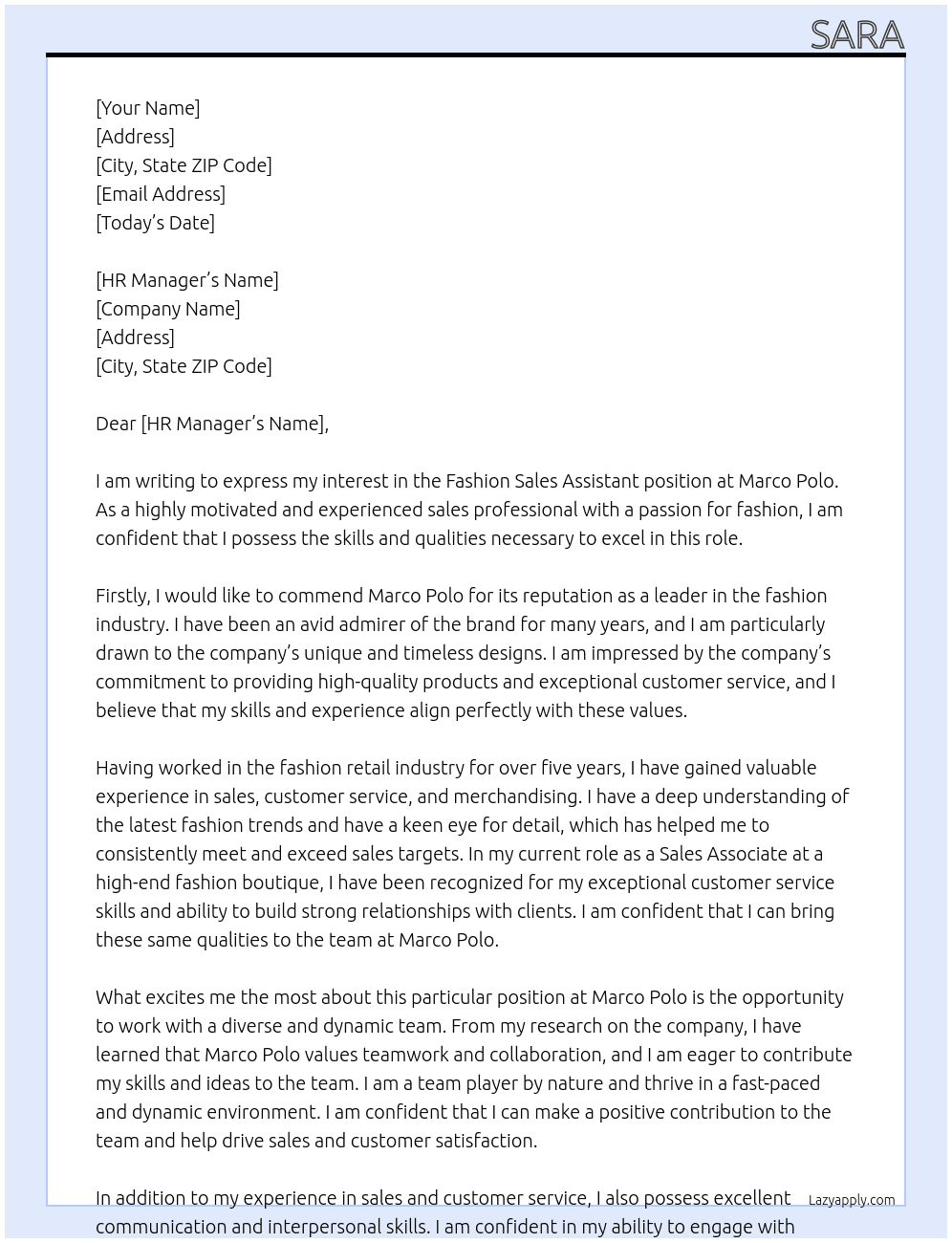 fashion sales assistant At marco polo Cover Letter
