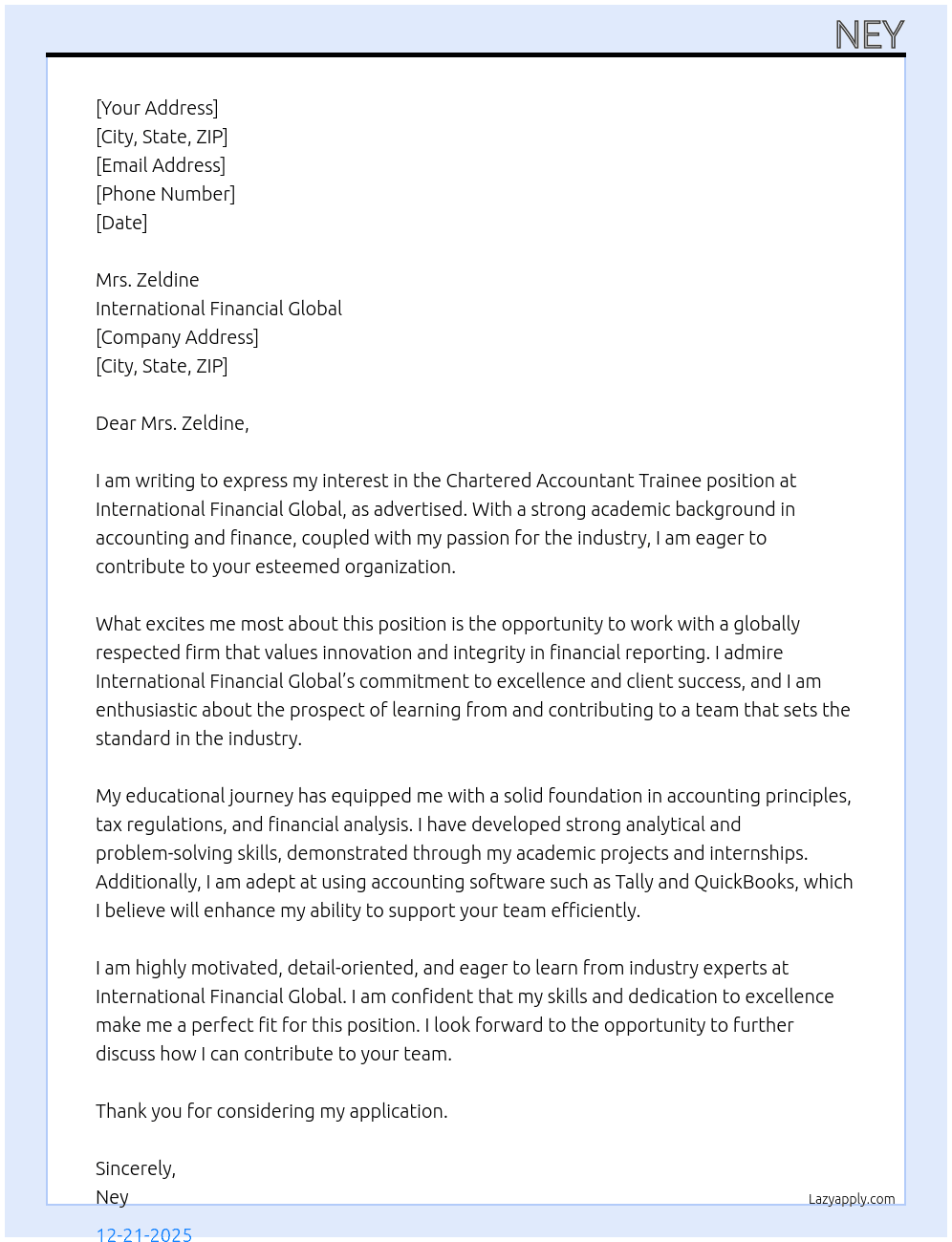 Chartered accountant trainee At International financial global  Cover Letter