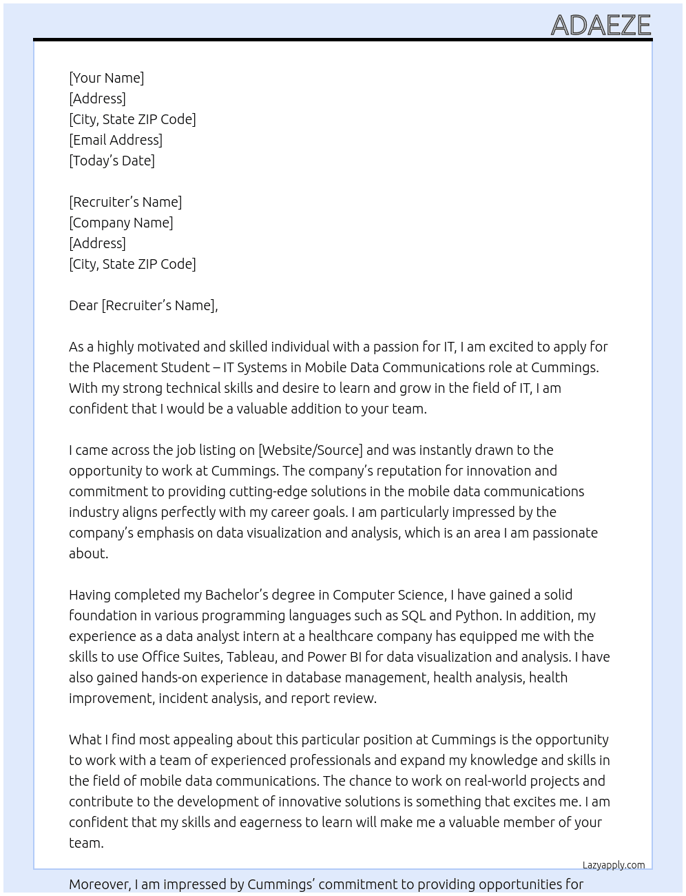 Placement Student - IT Systems in Mobile Data Communications At CUMMINGS Cover Letter