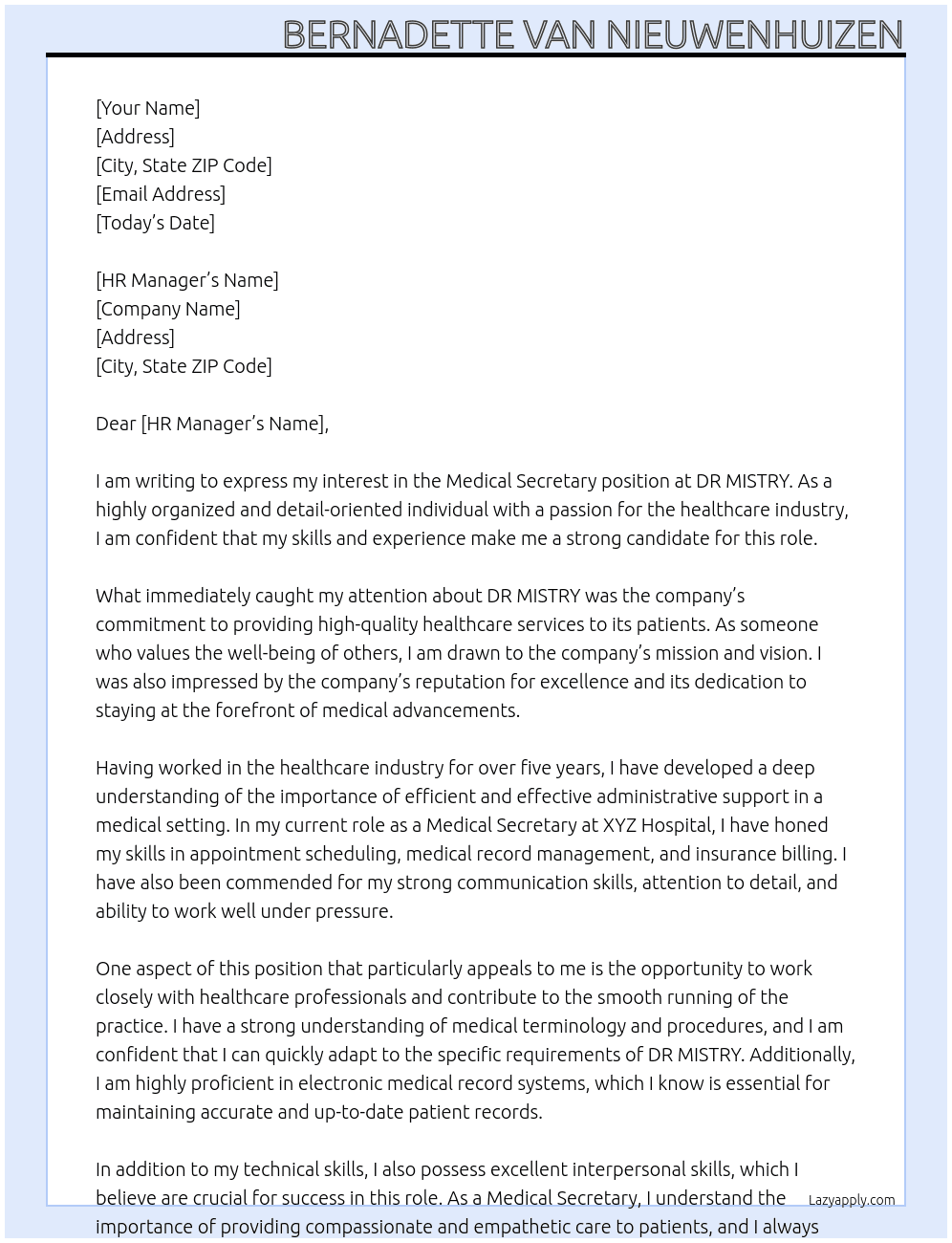 Medical Secretary  At DR MISTRY Cover Letter