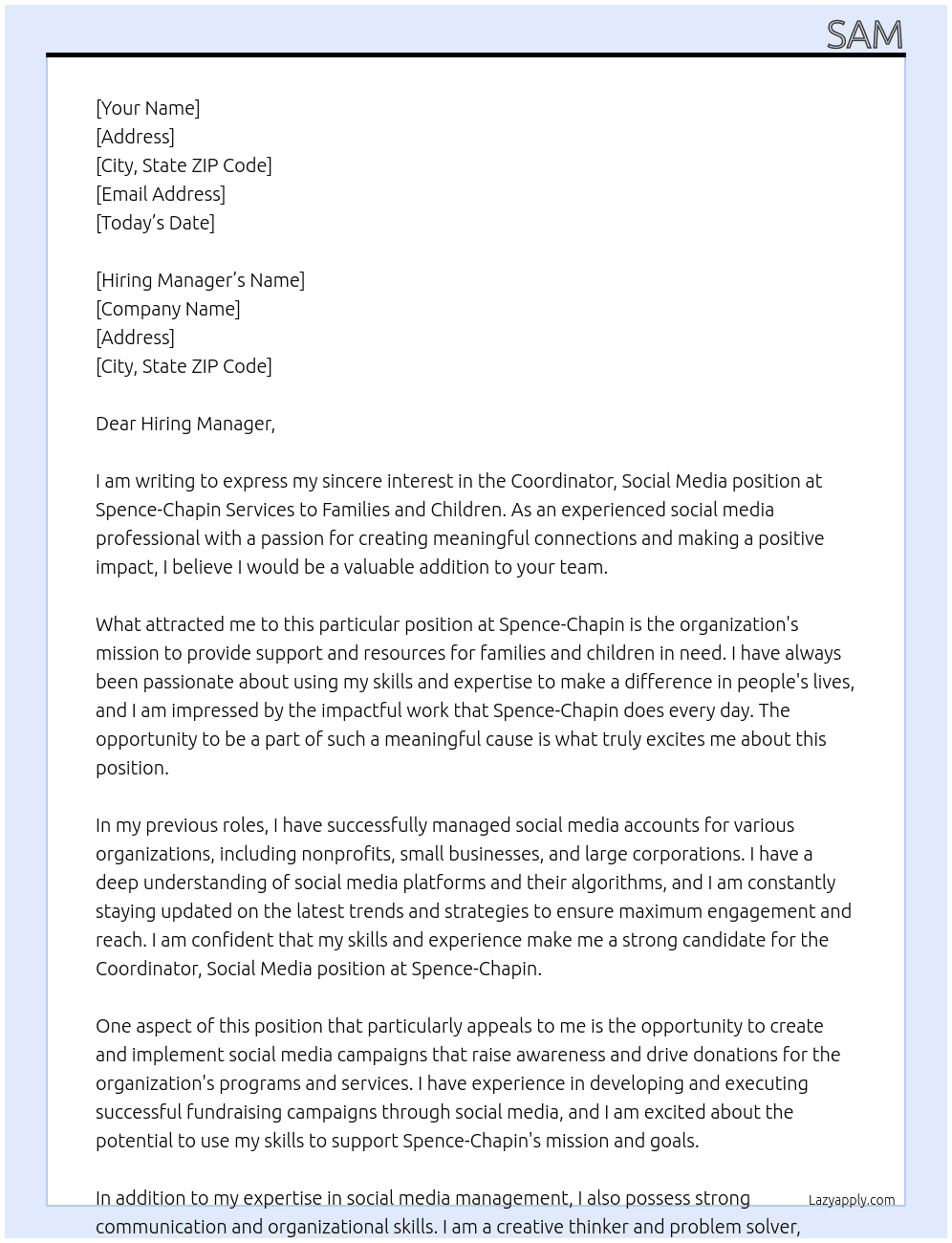 Coordinator, Social Media At Spence-Chapin Services to Families and Children Cover Letter