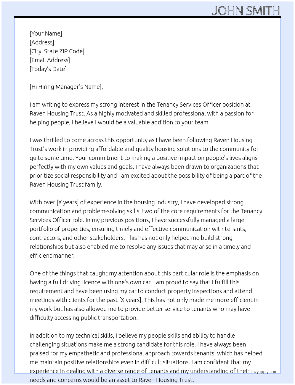 Tenancy Services Officer At Raven Housing Trust Cover Letter
