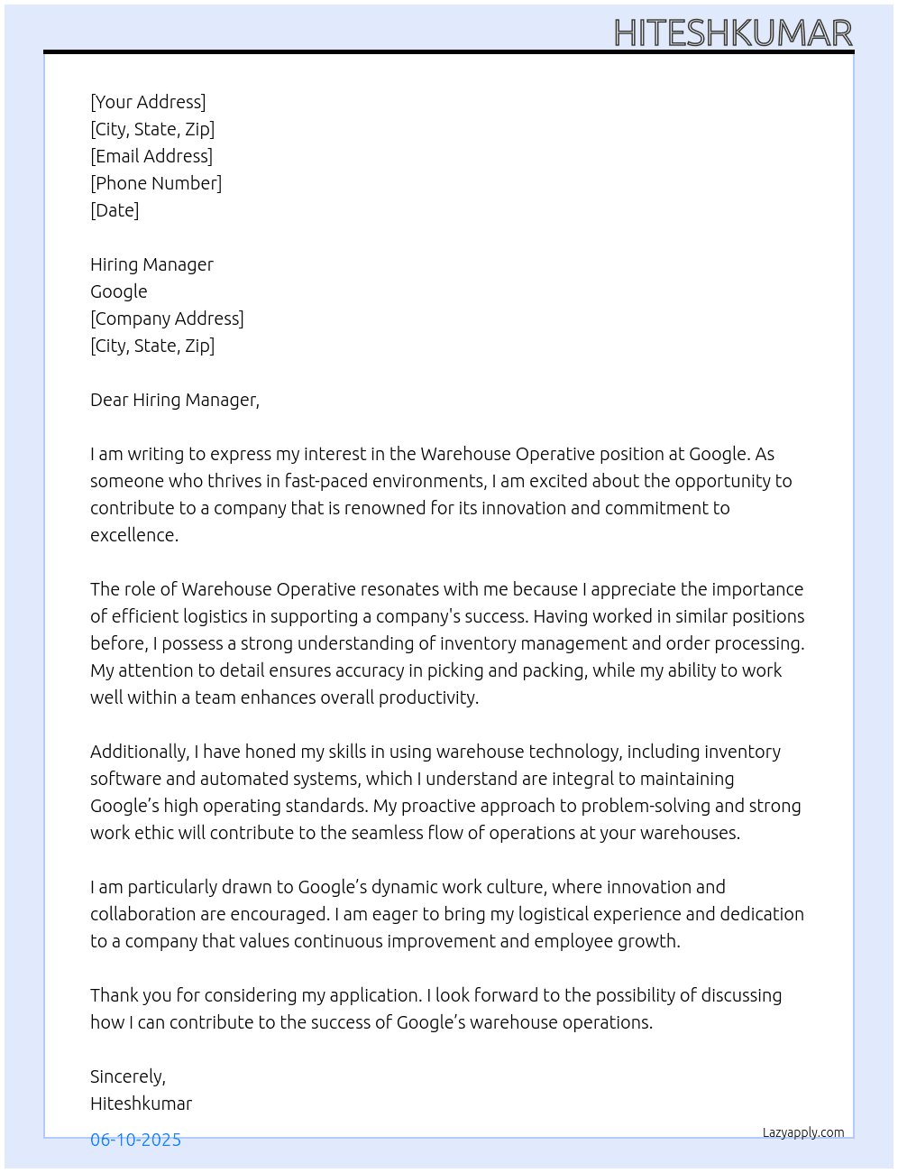 Cover letter for wear house operative - LazyApply
