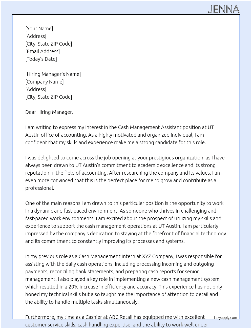 Cash Managment Assistant At UT Austin office of accounting Cover Letter