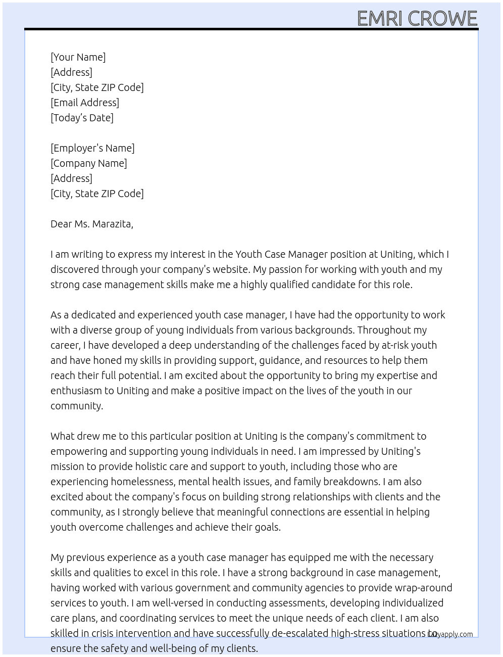 Youth Case Manager At Uniting Cover Letter