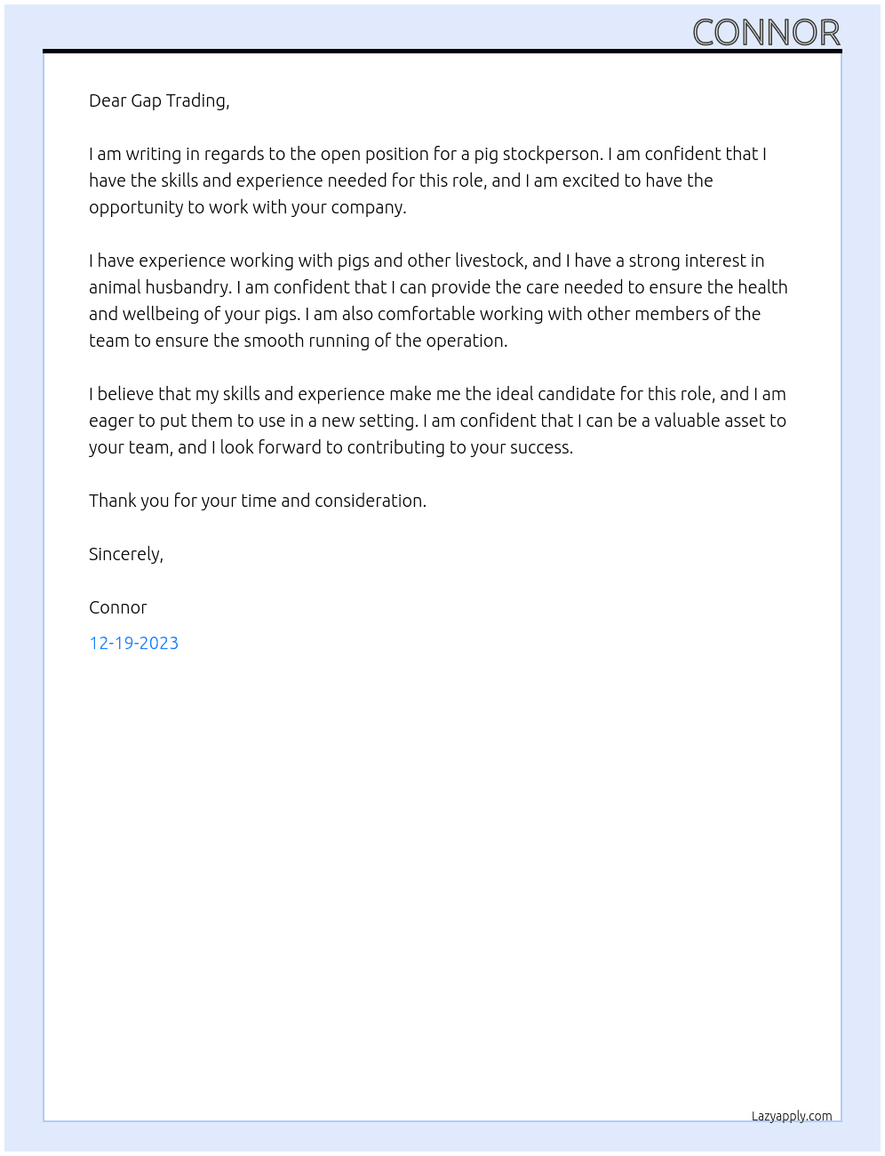 pig stockperson At gap Trading Cover Letter