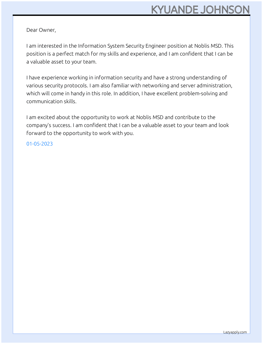 Information System Security Engineer   At Noblis MSD Cover Letter