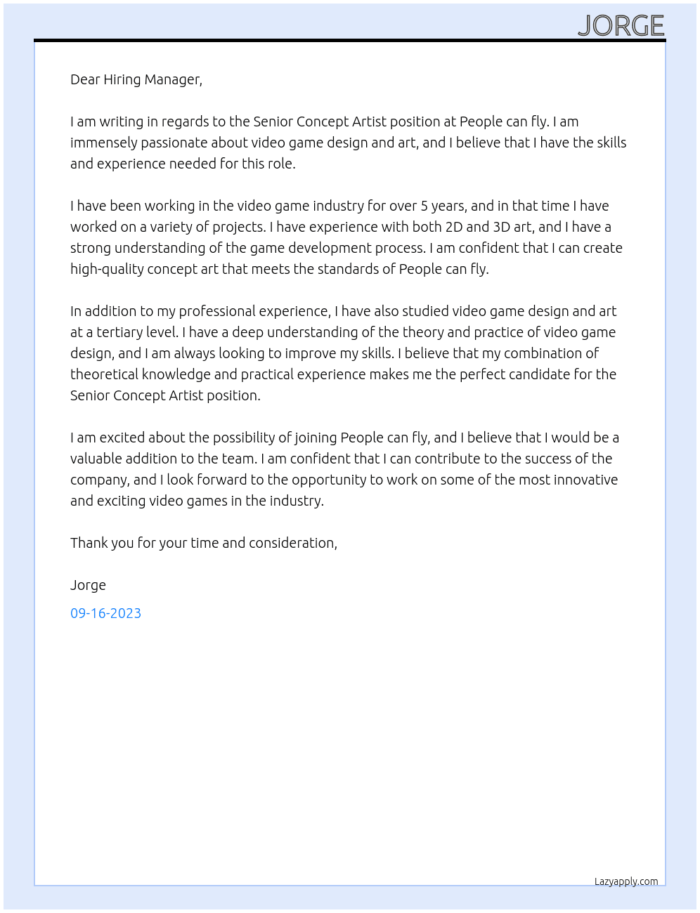 Senior concept artist  At People can fly Cover Letter