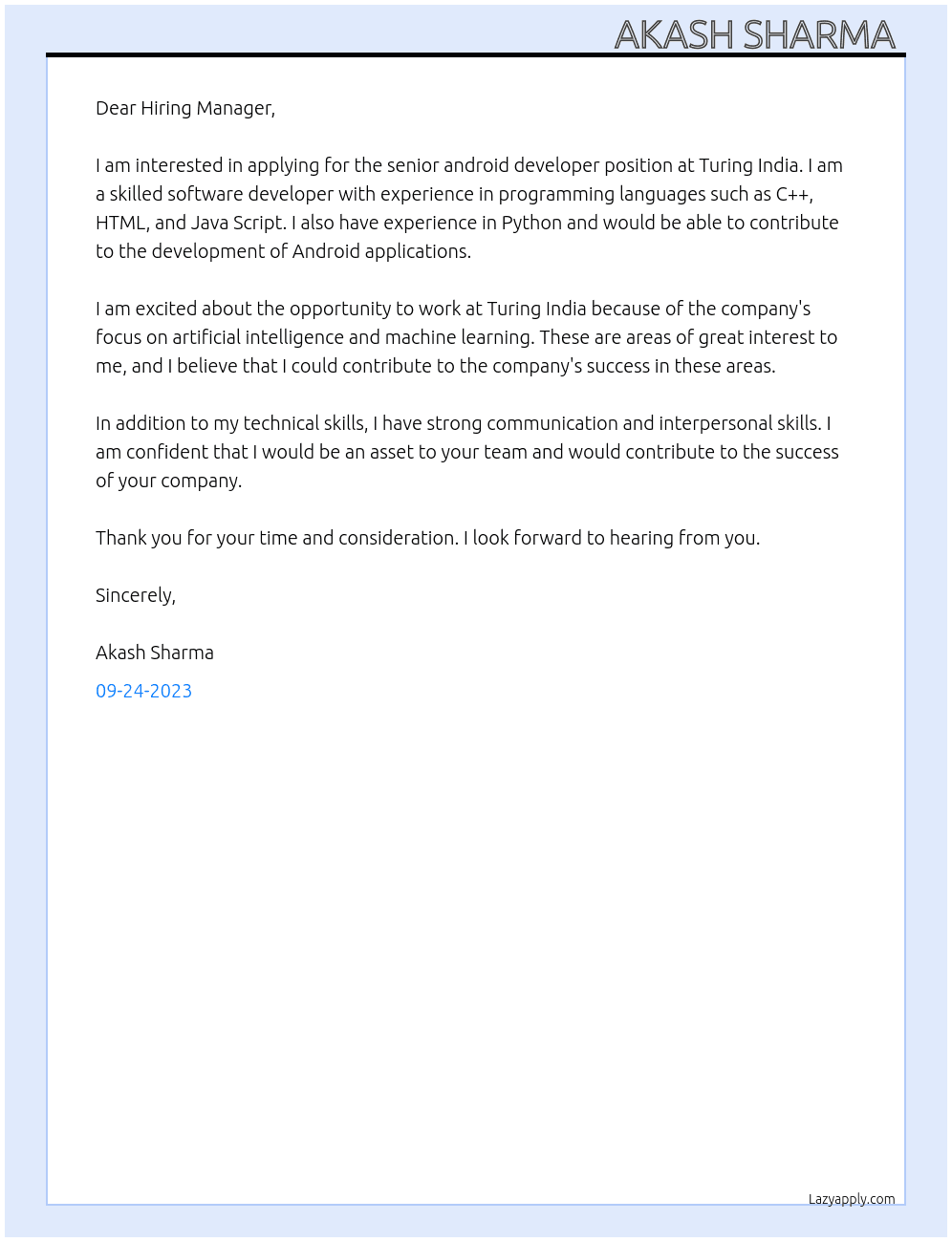 senior android developer At TURING INDIA Cover Letter