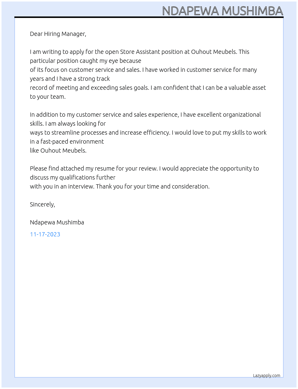Store assistant At Ouhout Meubels Cover Letter