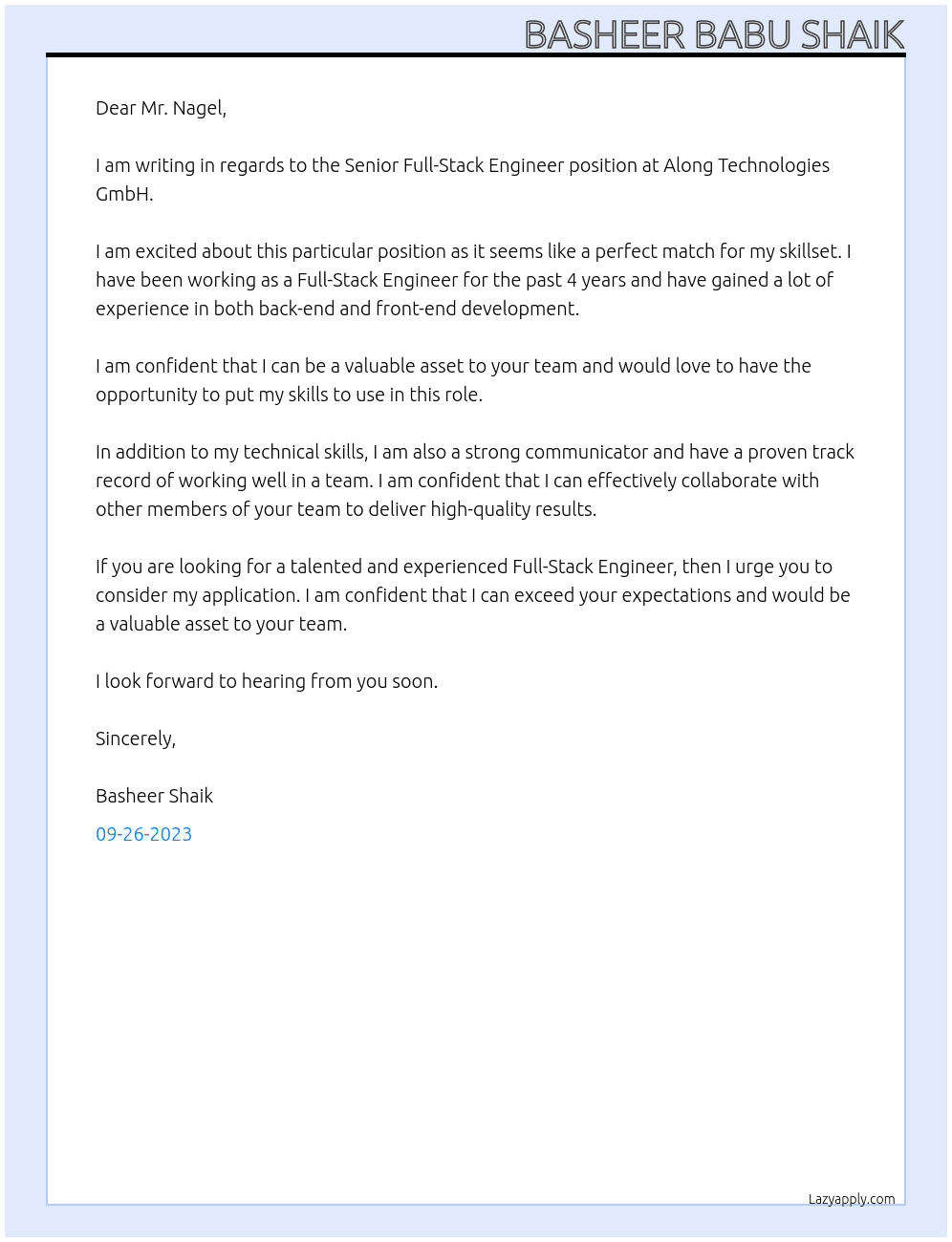 Senior Full-Stack Engineer At Along Technologies GmbH Cover Letter