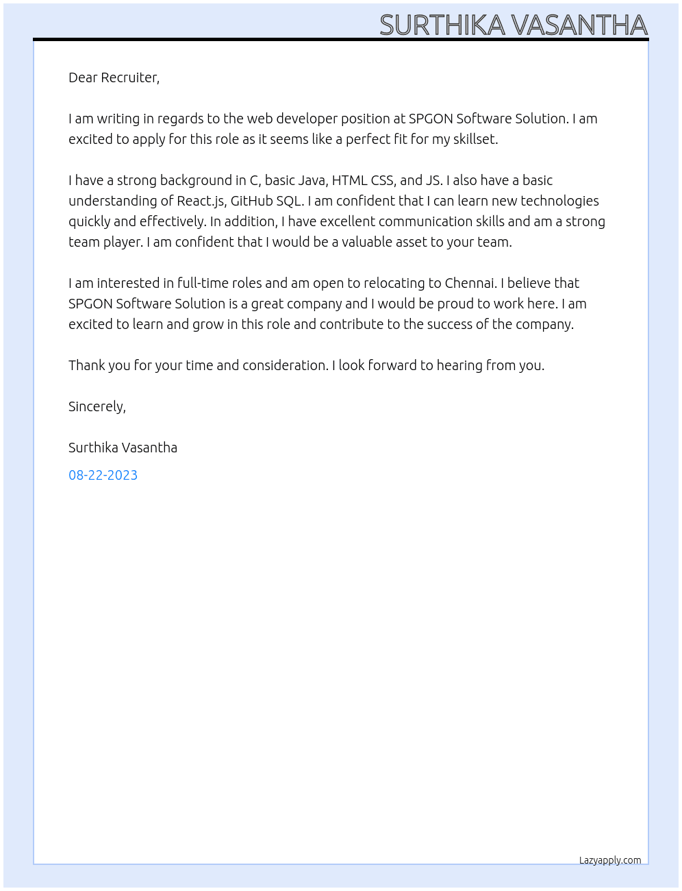 web developer At SPGON Software Solution Cover Letter