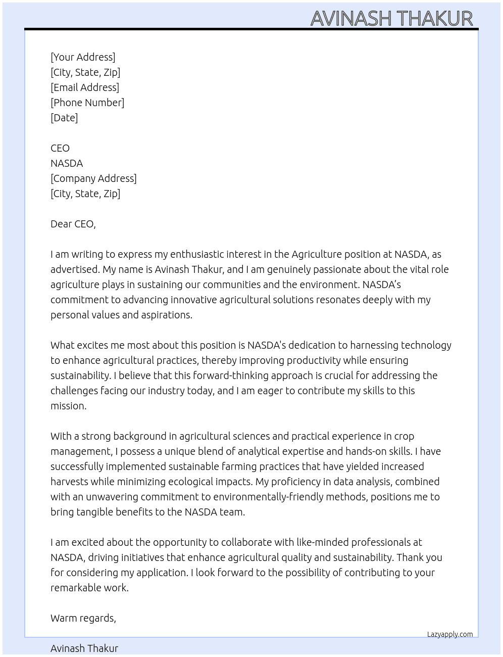 Agriculture  At NASDA Cover Letter