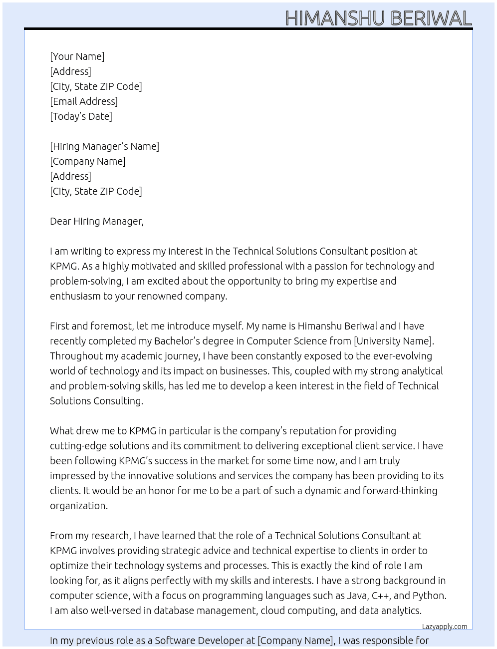 Technical Solutions Consultant  At KPMG Cover Letter