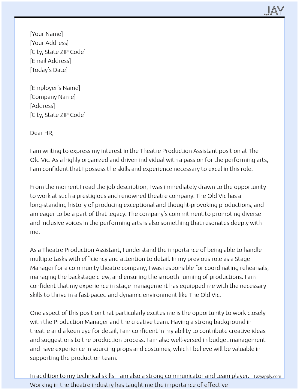 Theatre Production Assistant At The Old Vic Cover Letter