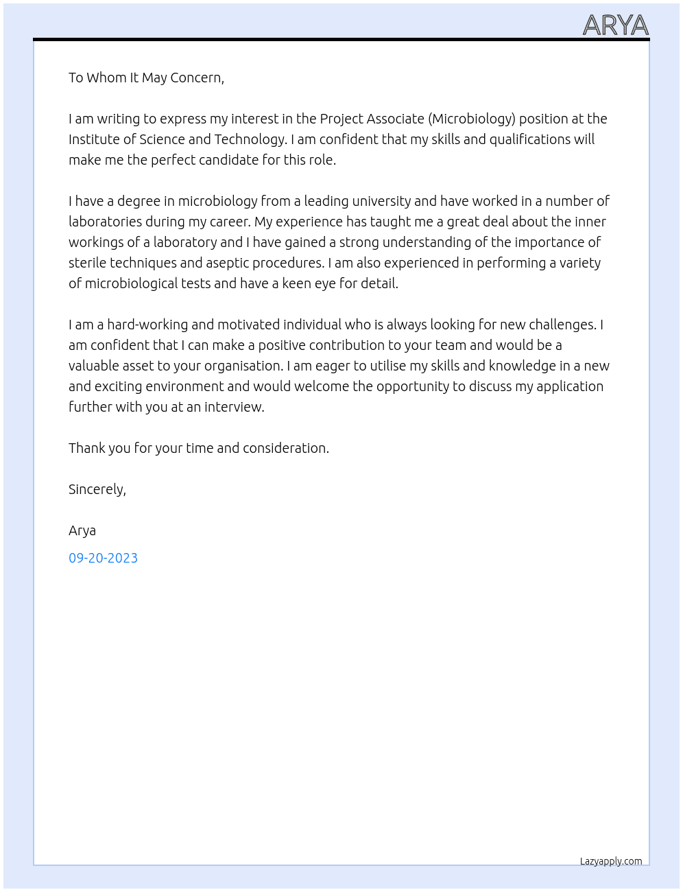 Project Associate ( Microbiology) At Institute of Science and technology  Cover Letter